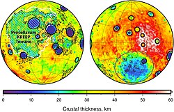 A map of the Moon coloured in terms of crust thickness and its types of regions marked: the KREEP rich magma terrane is hatch-marked and labeled on the left map hemisphere, the near side of the Moon, in its most prominent part as the Mare Procellarum KREEP Terrane (PKT); on the right (the far side), the gray circle marks the South Pole-Aitken Terrane (SPAT); on each hemispheres the 12 crater basins with crustal thinng larger than 200 km (120 mi) are marked with black circles; the rest is Felspathic Highlands Terrane (FHT), with the region of high-thickness (in red and white) being the inner FHT.[36]