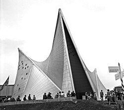 The Philips Pavilion, designed by composer/architect Iannis Xenakis, at the Brussels 1958 World Fair, where Poème électronique was played