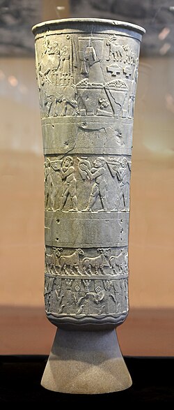 The Uruk Vase (Warka Vase), depicting votive offerings to Inanna (3200–3000 BCE)[23]