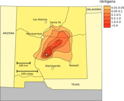 Fallout around the Trinity site. The radioactive cloud moved towards northeast with high röntgen levels within about 100 miles (160 km).