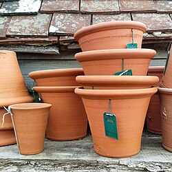Terracotta flower pots with terracotta tiles in the background