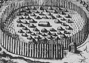 A palisaded Timucua village, in an engraving supposedly based on a sketch by Jacques le Moyne
