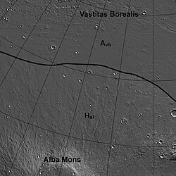 Approximate geologic contact of Upper Hesperian lava apron from Alba Mons (Hal) with Lower Amazonian Vastitas Borealis Formation (Avb). Image is MOLA topographic map adapted from Ivanov and Head (2006), Figs. 1, 3, and 8.[25]