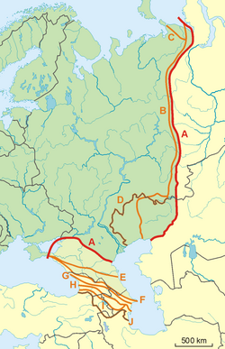 Definitions used for the boundary between Asia and Europe in different periods of history. B (Urals) and F (Caucasus) form the modern conception.