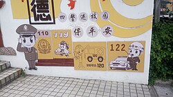 A mural at a Shenzhen elementary school showing emergency numbers used in Mainland China