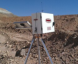 A radio telemetry wireline extensometer monitoring slope deformation.