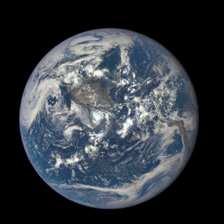 A Sun-synchronous view of the day-side of Earth from the Sun–Earth Lagrange point L1, with Earth rotating and the Moon passing on its orbit in between the observing DSCOVR satellite and Earth, showing the Moon's far side when it is illuminated and the Moon's day-side