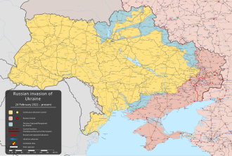 Map of Ukraine as of December 2025[update]: Continuously controlled by Ukraine Currently occupied or controlled by Russia Formerly occupied by Russia