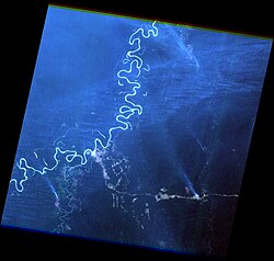 INPE satellite imagery of a 110 km × 110 km (70 mi × 70 mi) area along the Purus River between Canutama and Lábrea in the state of Amazonas, taken on August 16, 2019, showing several plumes of smoke from wildfires, including areas that have been deforested