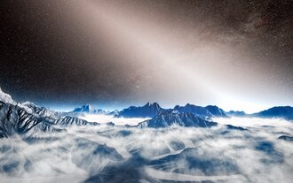 Artist's concept of a view from an exoplanet, with light from an extrasolar interplanetary dust cloud
