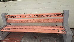 Kumeyaay Land Acknowledgement bench art at San Diego State University