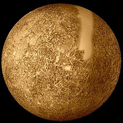 Reprocessed Mariner 10 data was used to produce this image of Mercury. The smooth band is an area of which no images were taken.