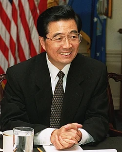 Hu Jintao during a defense meeting held at the Pentagon, May 2002