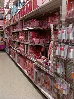 Rows of pink girls' toys in a Canadian store, 2011