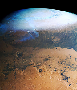 Mars Express view of water ice caps of North pole during its winter
