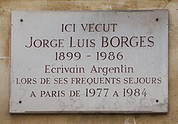 Plaque in honor of Borges located at L'Hôtel, Paris