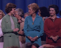 Ford (center) together at the 1977 National Women's Conference with First Lady Rosalynn Carter (left) and fellow former first lady Lady Bird Johnson (right)