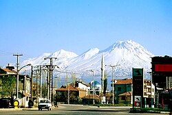 A street of Aksaray with Mount Hasan in the background