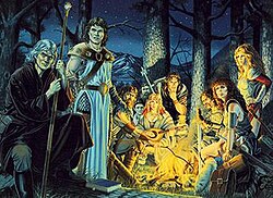 The Heroes of the Lance: from left Raistlin, Caramon, Tanis, Tasslehoff, Flint, Goldmoon, Riverwind, Sturm, Tika, and Laurana. Tracy Hickman keeps this Larry Elmore painting on the wall in his office.[53]