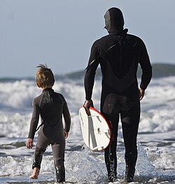 Father and son about to surf.