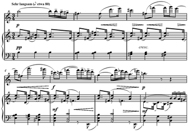 Quartal harmony in Hindemith's Flute Sonata, II with tonal center on B established by descent in left hand in Dorian and repeated B's and F♯'s[13]