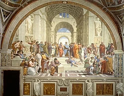 The School of Athens, fresco by Raphael (1509–1510), that depicts a congregation of philosophers, mathematicians, and scientists primarily from Ancient Greece, including Plato, Aristotle, Pythagoras, Archimedes, and Heraclitus