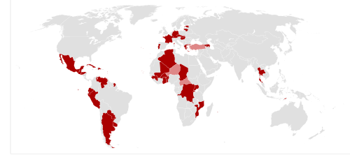 Constitutional right to resist by country, dark red (current) light red (former)