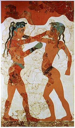 An Akrotiri fresco painting of Minoan youths boxing, the earliest documented use of boxing gloves, c. 1650 BC