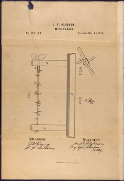 Patent drawing for Joseph F. Glidden's Improvement to barbed wire (24 November 1874)