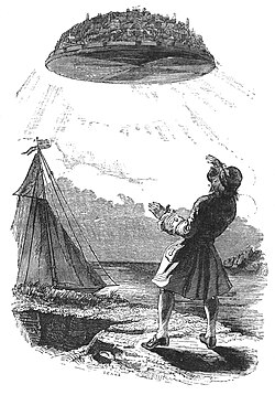 An illustration of the floating island Laputa in Gulliver's Travels
