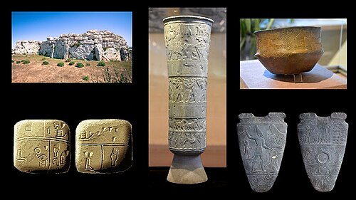 From top left clockwise: The Temple of Ġgantija, one of the oldest freestanding structures in the world; Warka Vase; Bronocice pot with one of the earliest known depictions of a wheeled vehicle; Kish tablet, an example for proto-writing; Pharaoh Narmer is credited with uniting Upper and Lower Egypt and is depicted as such in the Narmer Palette.