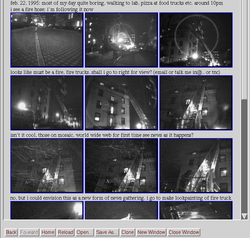 An early example of a "diary" style blog consisting of text and images transmitted wirelessly in real-time from a wearable computer with head-up display, February 22, 1995
