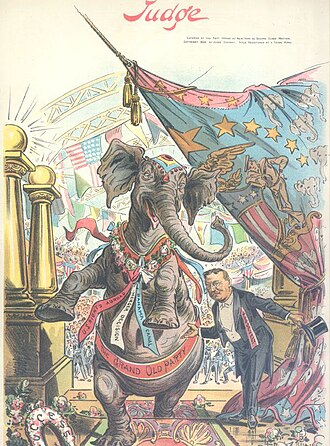 Theodore Roosevelt leads party to landslide win in 1904.