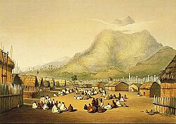 A marae at Kaitotehe, near Taupiri mountain, Waikato district, 1844. It was associated with Pōtatau Te Wherowhero, a chief who became the first Māori king.