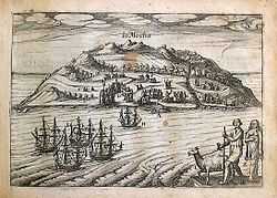 Depiction of Isla Mocha during an incursion by a Dutch pirate fleet in 1616. From the book that narrates the adventures of Dutch pirate Joris van Spilbergen.