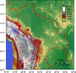 Topographic map of Bolivia showing (east to west) plains of Amazon Basin in green, Sub-Andean Zone in red, Eastern Cordillera in white, Altiplano in gray, and Western Cordillera in white