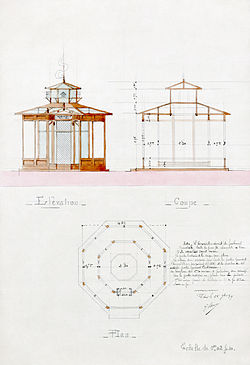 Proposed architectural design for a French military aviary to house swallows as messenger birds, based upon a scheme by Jean Desbouvrie, 1889
