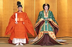 Newly-wed Emperor Naruhito, then Crown Prince, wearing a sokutai and Empress Masako, then-Crown Princess, wearing a jūnihitoe. Costumes of these styles have been worn by the Imperial family since the Heian period, when a unique Japanese style developed.