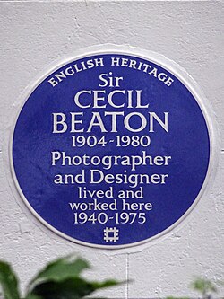 A plaque honoring Beaton at 8 Pelham Place in London