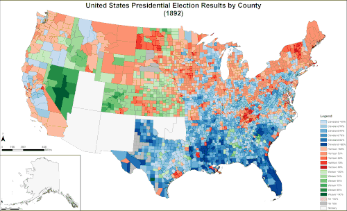 Results by county explicitly indicating the percentage for the winning candidate. Shades of blue are for Cleveland (Democratic), shades of red are for Harrison (Republican), and shades of green are for Weaver (Populist).