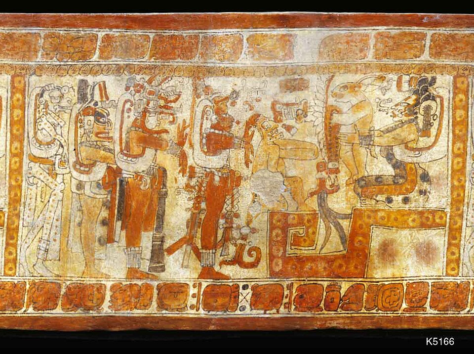 Court of the Moon Goddess. (Pictured from left to right) Skeletal/Death God, Underworld/Jaguar God, Water-Lily Serpent, Maize God, God L, Lunar Rabbit, Moon Goddess