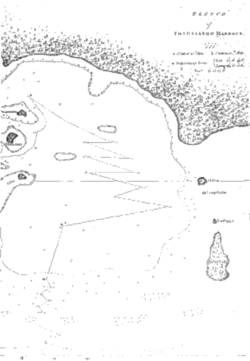 The first recorded Map of Tongataboo Harbour as sketched by Captain Cook in 1777. The map clearly shows the Bay of Nukuʻalofa and his anchored position near Pangaimotu. Small islands of Nukuʻalofa were named with phonetic spelling, including Atata, Pangaimotu, Makahaʻa, and Fetoa.