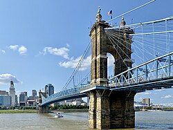 The John A. Roebling Suspension Bridge spans the Ohio River between Cincinnati and Covington.