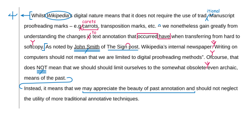 Text annotated with proofreading marks to the ISO 5776 standard