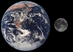 In the Moon's sky Earth has an angular size of 1° 48′ to 2°,[19] about 3.7 times the apparent size of the Moon or Sun in Earth's sky (due to the near equal apparent size of the Moon and Sun at lunar distance).