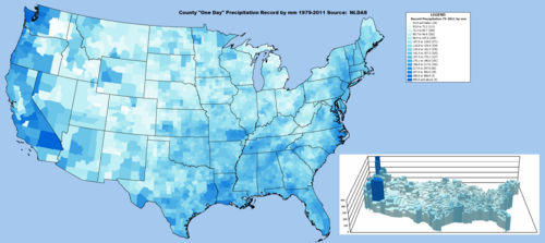 Record one day precipitation by county between 1979 and 2011