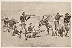 "The opening of the fight at Wounded Knee", engraved illustration by Frederic Remington. Appeared as an illustration in Harper's Weekly, 1891