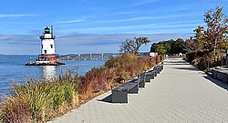Sleepy Hollow section of Westchester RiverWalk, with Tarrytown Light on the left and Kingsland Point Park in the background