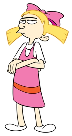 Helga Pataki in her signature pink and red dress and pink bow.