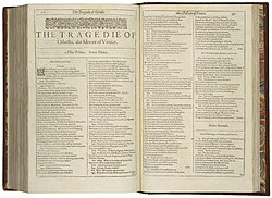 The first page of Othello from the First Folio, printed in 1623